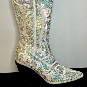 Women’s White Sparkly Bling Mid Calf Cowboy Cowgirl Wedding Boots